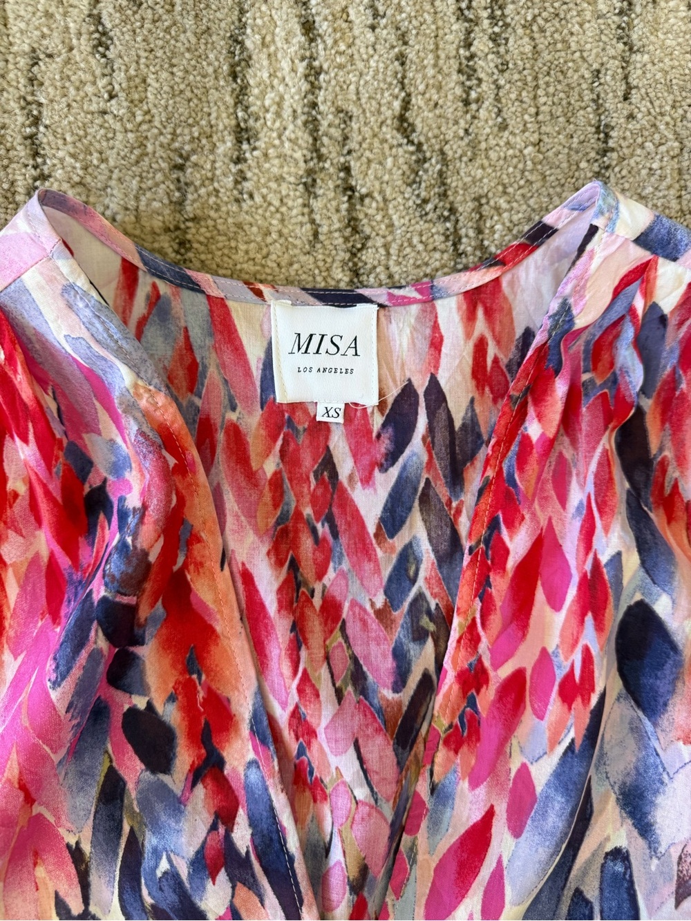 MISA V-Neck Tie-Waist Printed Mini Dress - Pink Multi - Picture 2 of 4